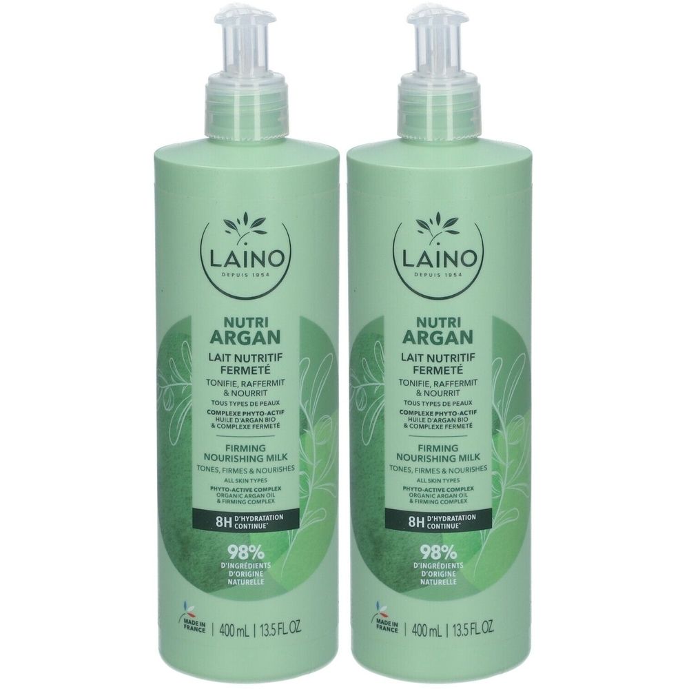 Zwei grüne Flaschen mit Pumpverschluss. Aufschrift: LAINO, Nutri Argan, Lait Nutritif Fermeté. 400ml.