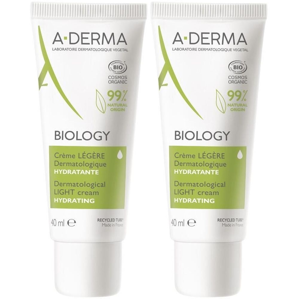 Deux tubes de A-DERMA BIOLOGY Crème légère dermatologique hydratante. Blanc, vert, avec texte et logos. 40 ml, COSMOS ORGANIC, 99% origine naturelle.