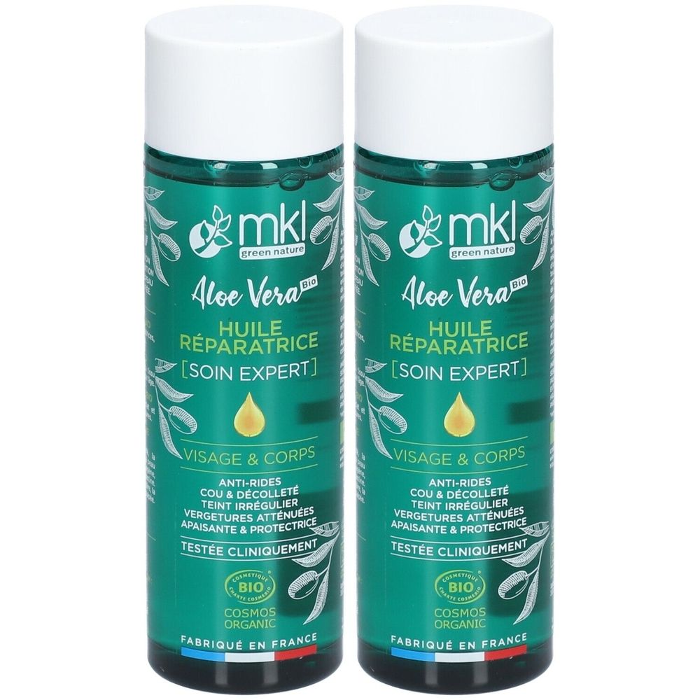 Deux flacons d'huile mkl Aloe Vera. Étiquettes vertes et blanches avec informations produit et certification Bio. Fabriqué en France.