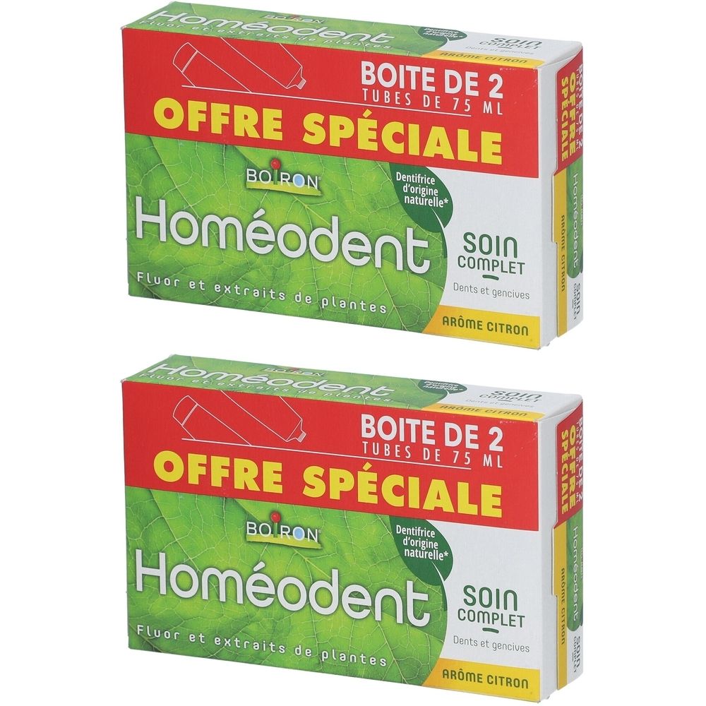 Deux boîtes de dentifrice Homéodent. Emballage rouge et vert avec texte. "Offre Spéciale" et "Boite de 2 Tubes de 75 ml" sont visibles.