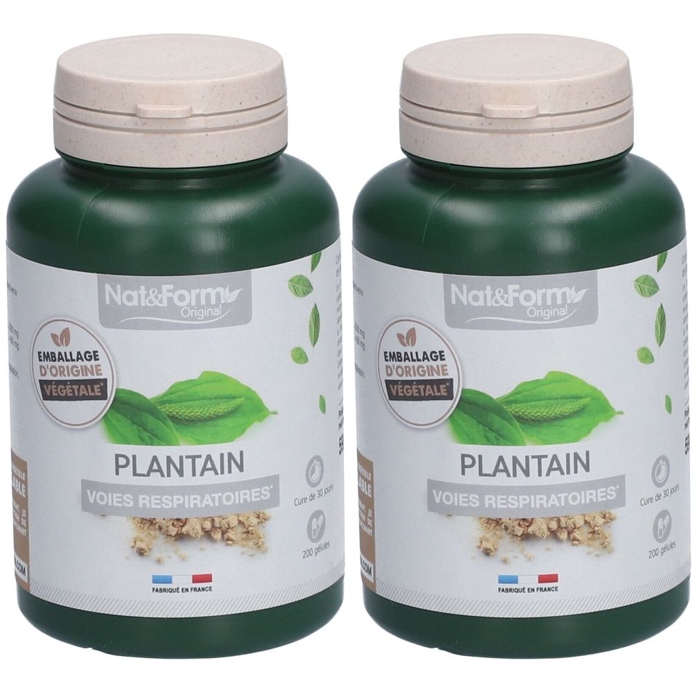 Zwei grüne Flaschen mit beigen Deckeln. Auf den Etiketten steht "Nat&Form Original", "Plantain" und "Voies Respiratoires".
