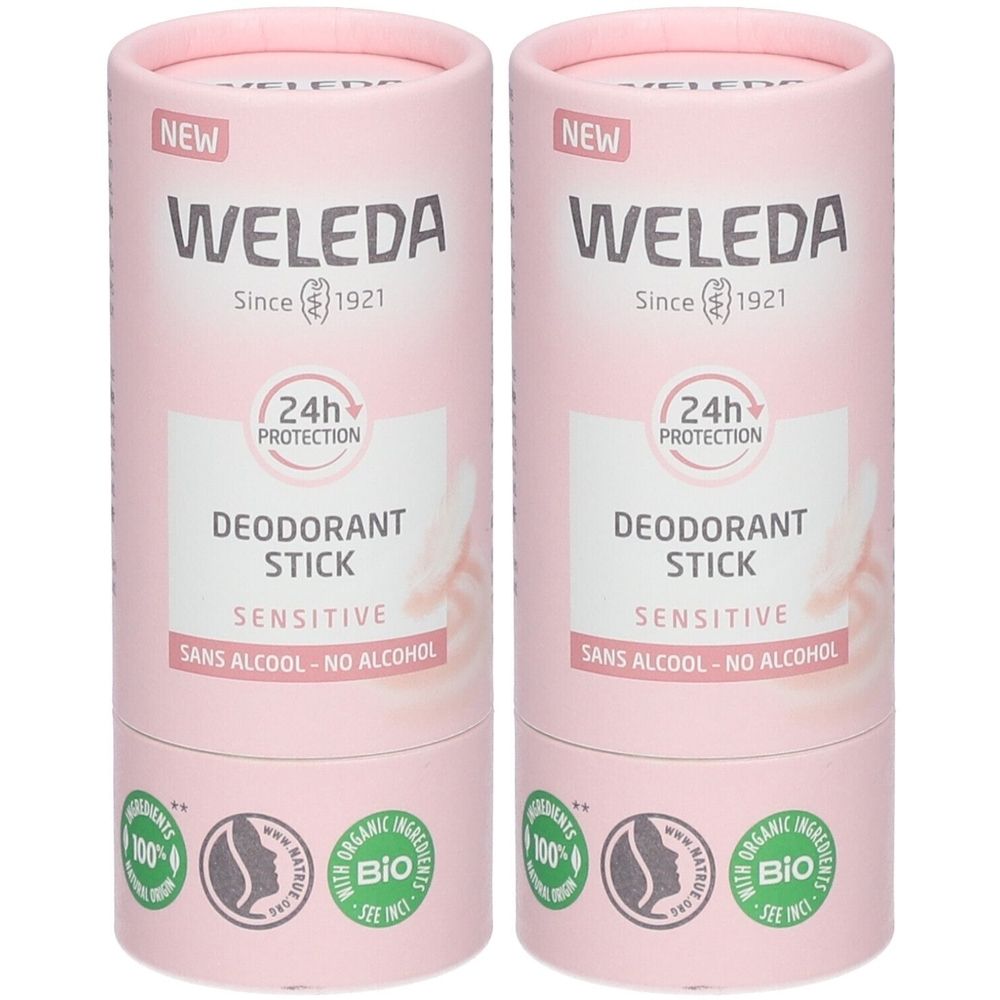 Deux contenants cylindriques roses. Inscription: WELEDA, Déodorant Stick Sensitive, protection 24h, sans alcool. Label bio.