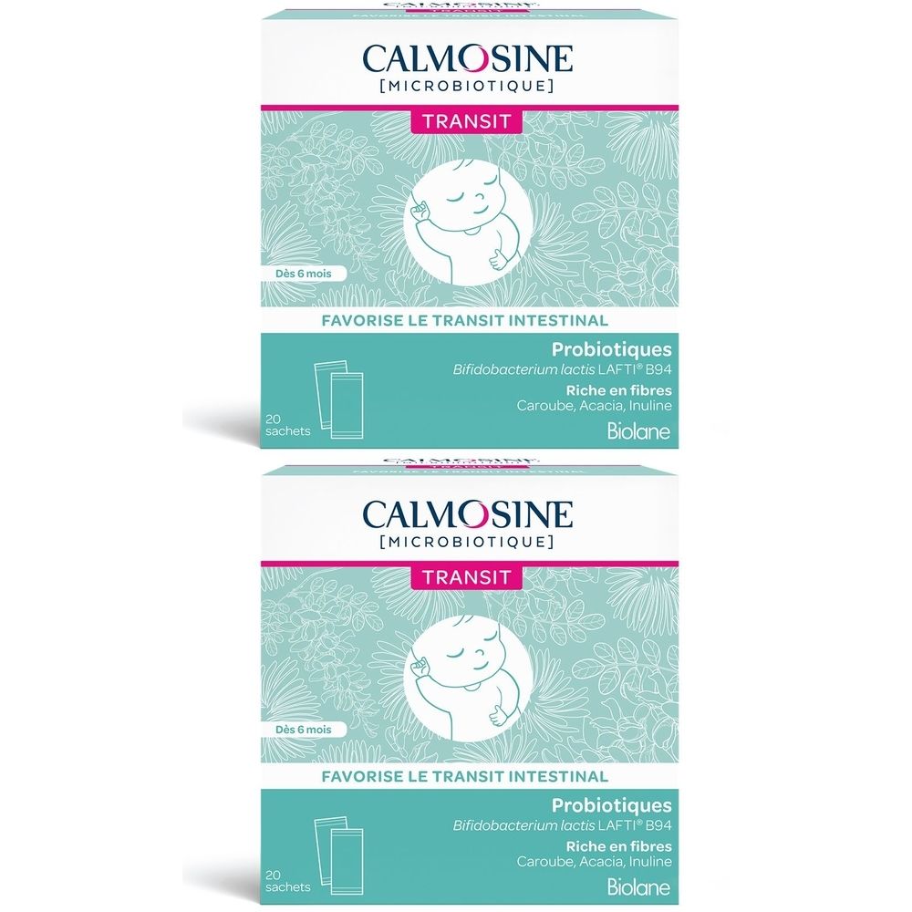 Zwei Packungen CALMOSINE TRANSIT. Aufschrift: „Favorise le transit intestinal“. Enthält 20 Sachets.