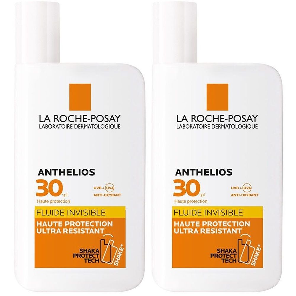 Deux flacons blancs avec bouchons blancs. Inscription : La Roche-Posay, Anthelios 30, Fluide Invisible, Haute Protection Ultra Resistant. Avec des accents oranges.