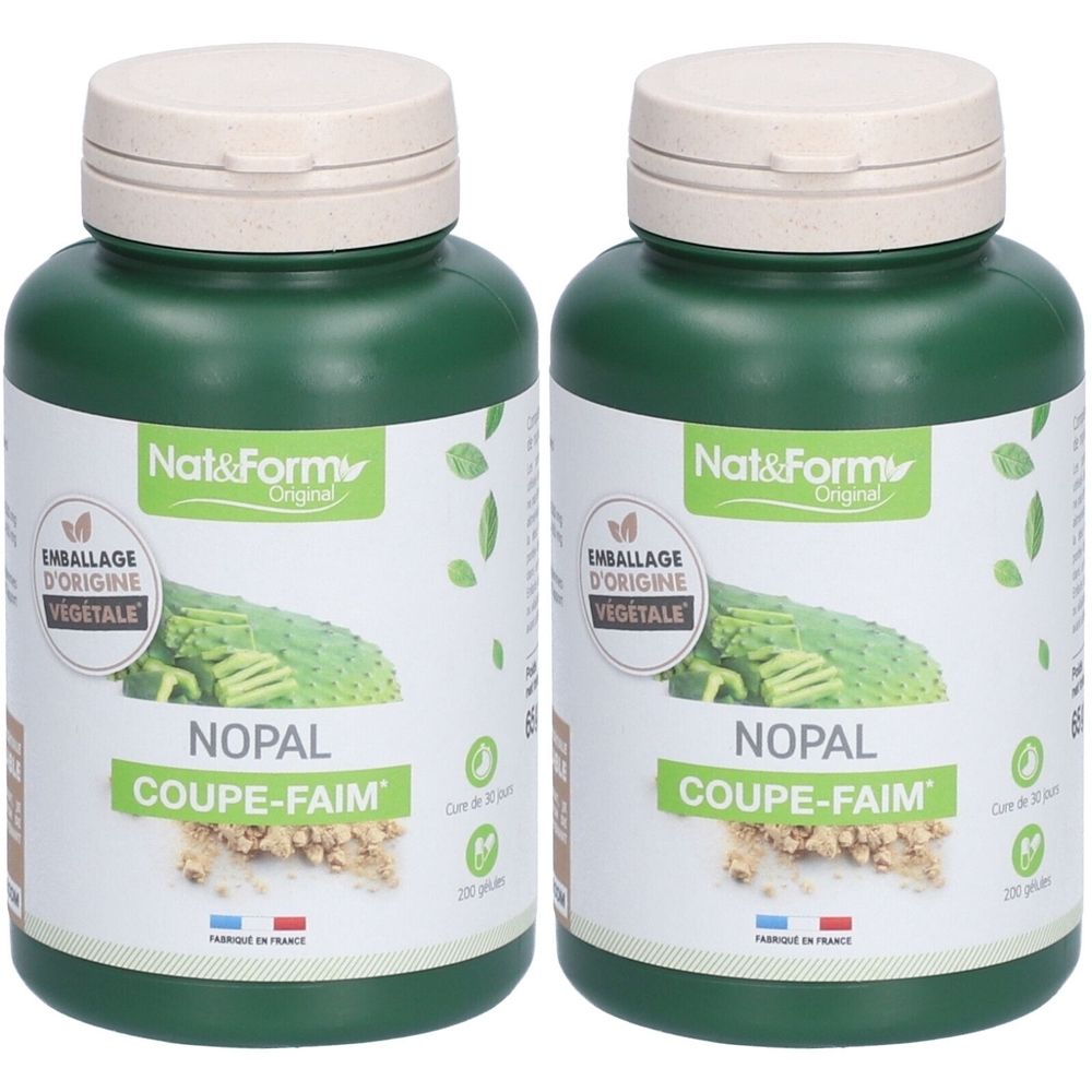 Zwei grüne Flaschen mit weißem Deckel. Aufschrift: Nat&Form Original, Nopal Coupe-Faim. Französische Flagge. Verpackung aus pflanzlicher Herkunft.