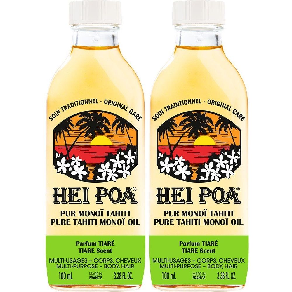 Zwei Flaschen HEI POA Pur Monoï Tahiti Öl. Etiketten mit Palmen, Sonnenuntergang und Blumen. Text: Parfum Tiaré, Multi-Usages, 100 ml.