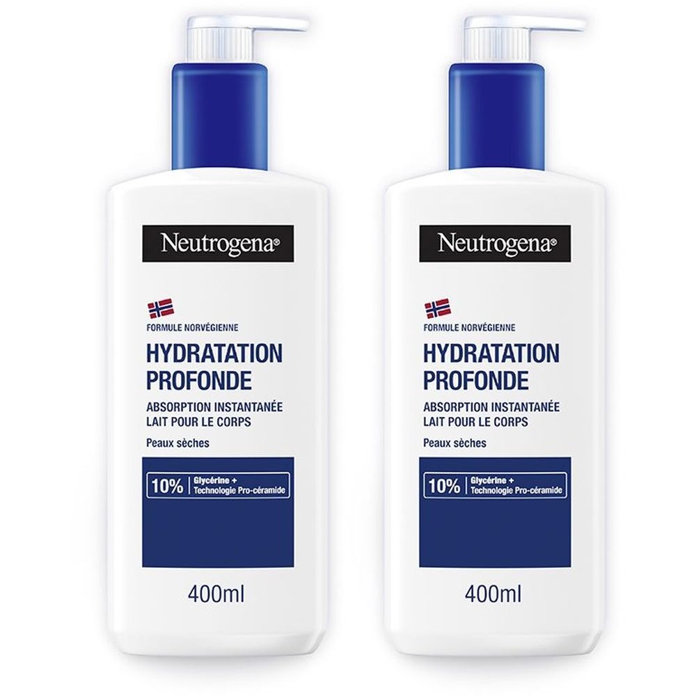 Deux flacons blancs avec bouchon bleu et pompe. Inscription: Neutrogena, Hydratation Profonde, 400ml.