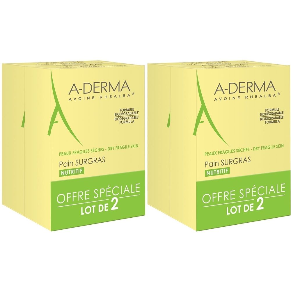 Deux boîtes carrées. Inscription : A-DERMA, Pain Surgras, Lot de 2. Emballage vert et jaune.