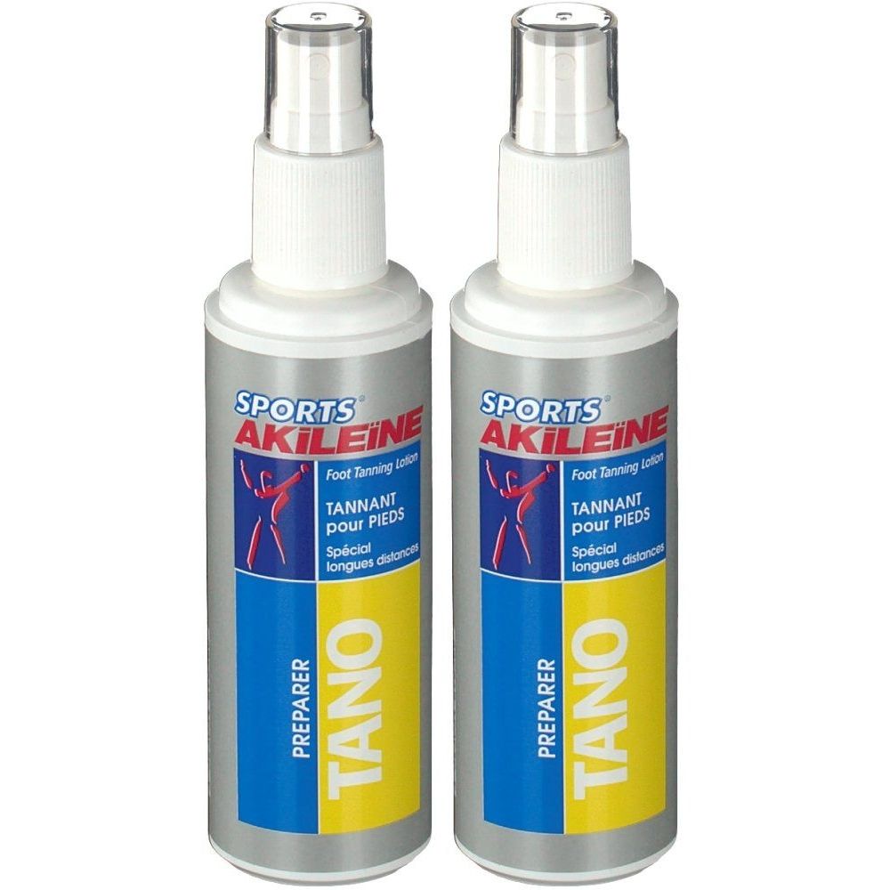 Deux flacons de spray avec tête de pulvérisation blanche et contenant argenté. Inscription : Sports Akileine Preparer Tano.