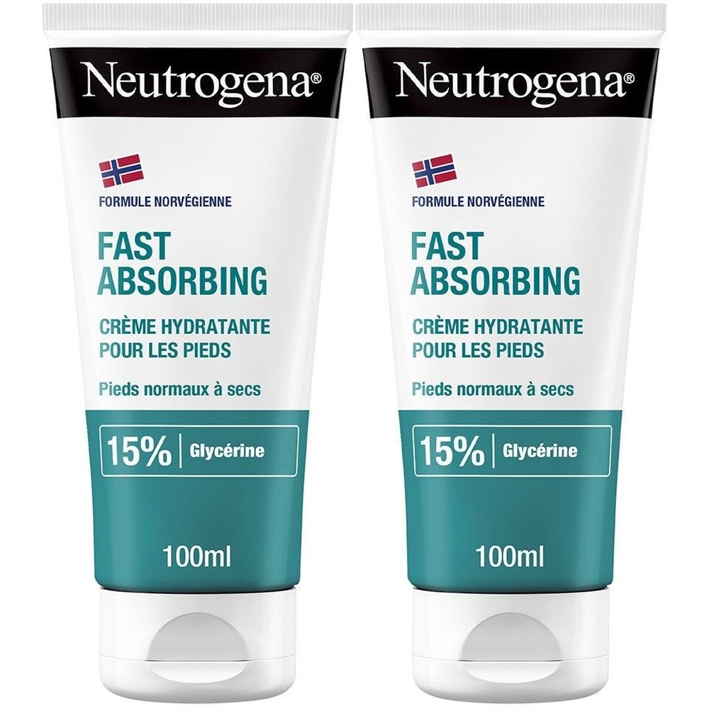 Zwei Tuben Fußcreme. Weiße Tuben mit schwarzem Deckel und türkisfarbenem Streifen. Text: Neutrogena, Fast Absorbing, 15% Glycerin.