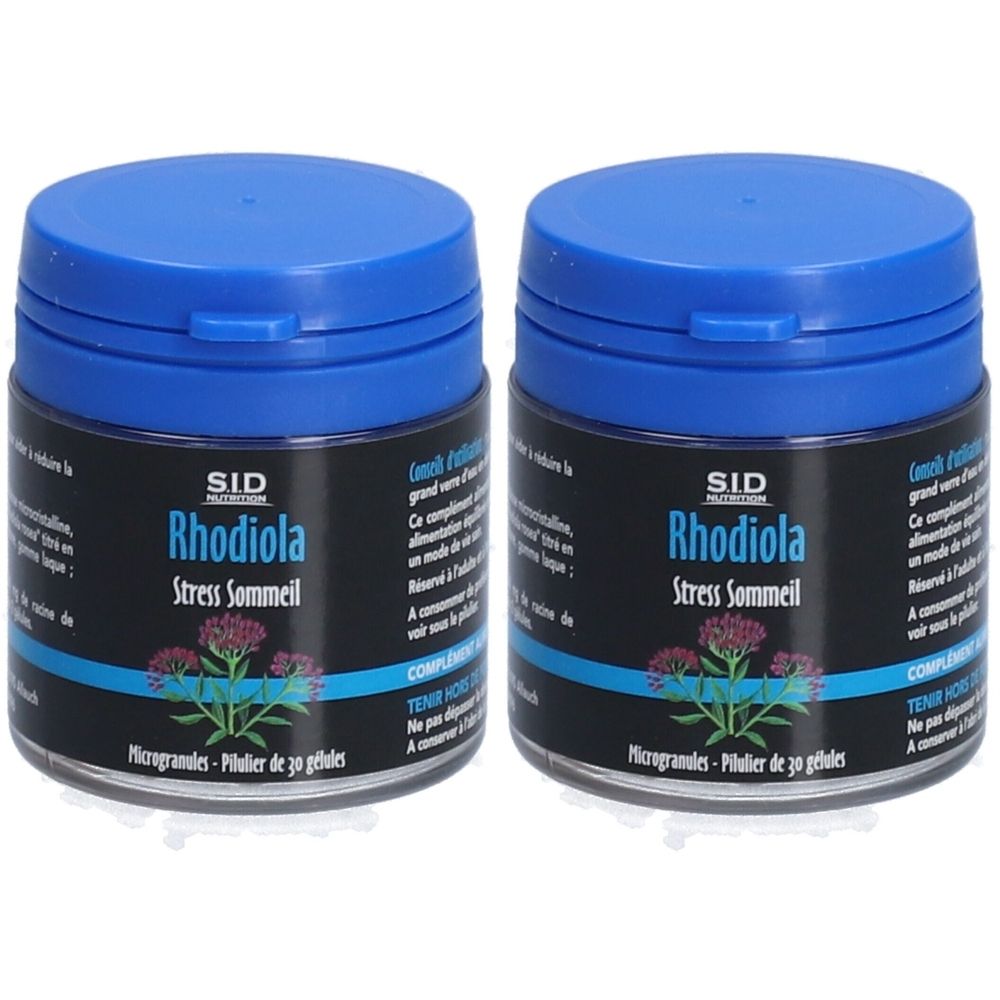 Zwei blaue Dosen mit schwarzem Etikett. Aufschrift: SID Rhodiola Stress Schlaf. Mikrogranulat, 30 Kapseln.