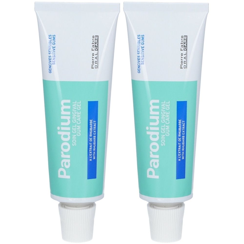 Deux tubes de gel Parodium. Tubes blancs avec une partie centrale turquoise clair. Inscription : Parodium, Soin Gel Gingival, Pierre Fabre Oral Care.