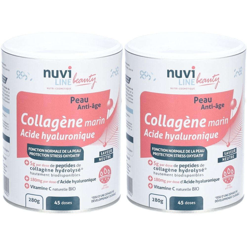 Deux boîtes cylindriques avec étiquettes. Inscription: Collagène marin, Acide hyaluronique. Marque: nuvi line beauty. 280g, 45 doses.