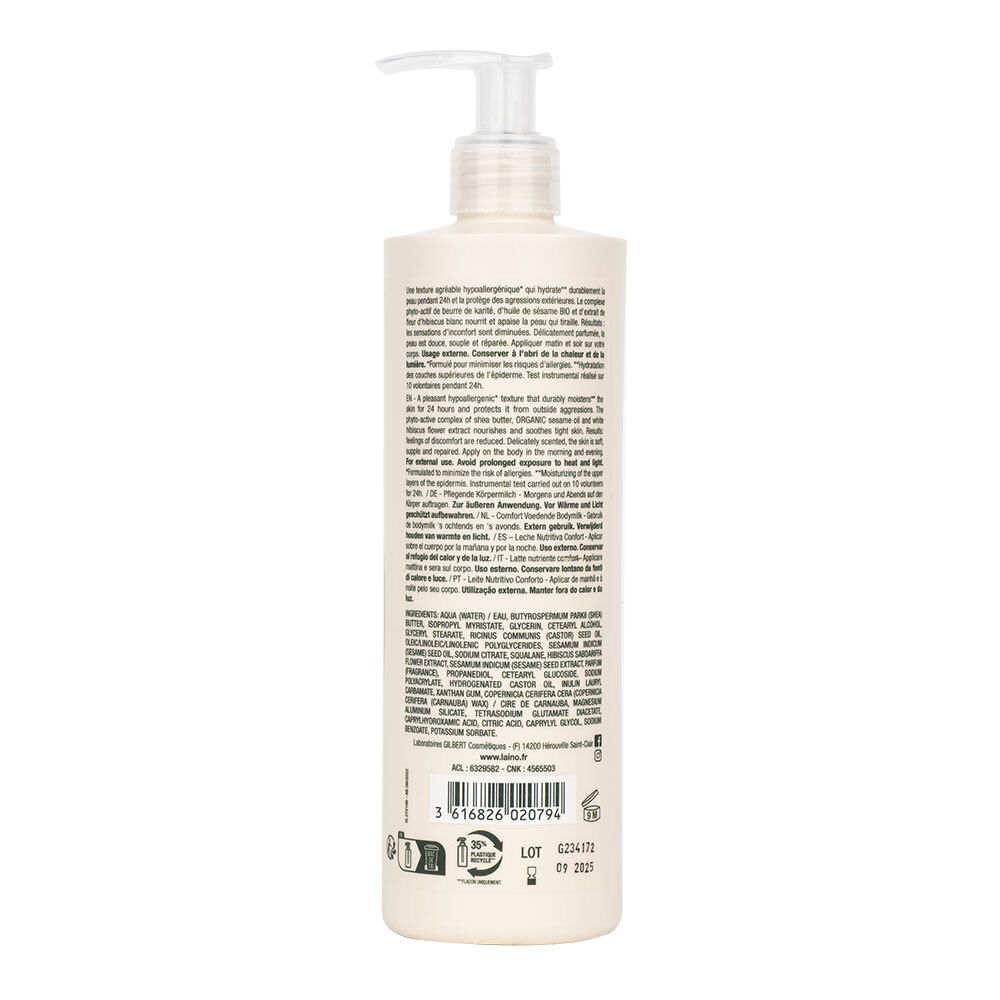 Rückseite einer LAINO Karité Komfort-Nährmilch Flasche mit Pumpspender und Text.
