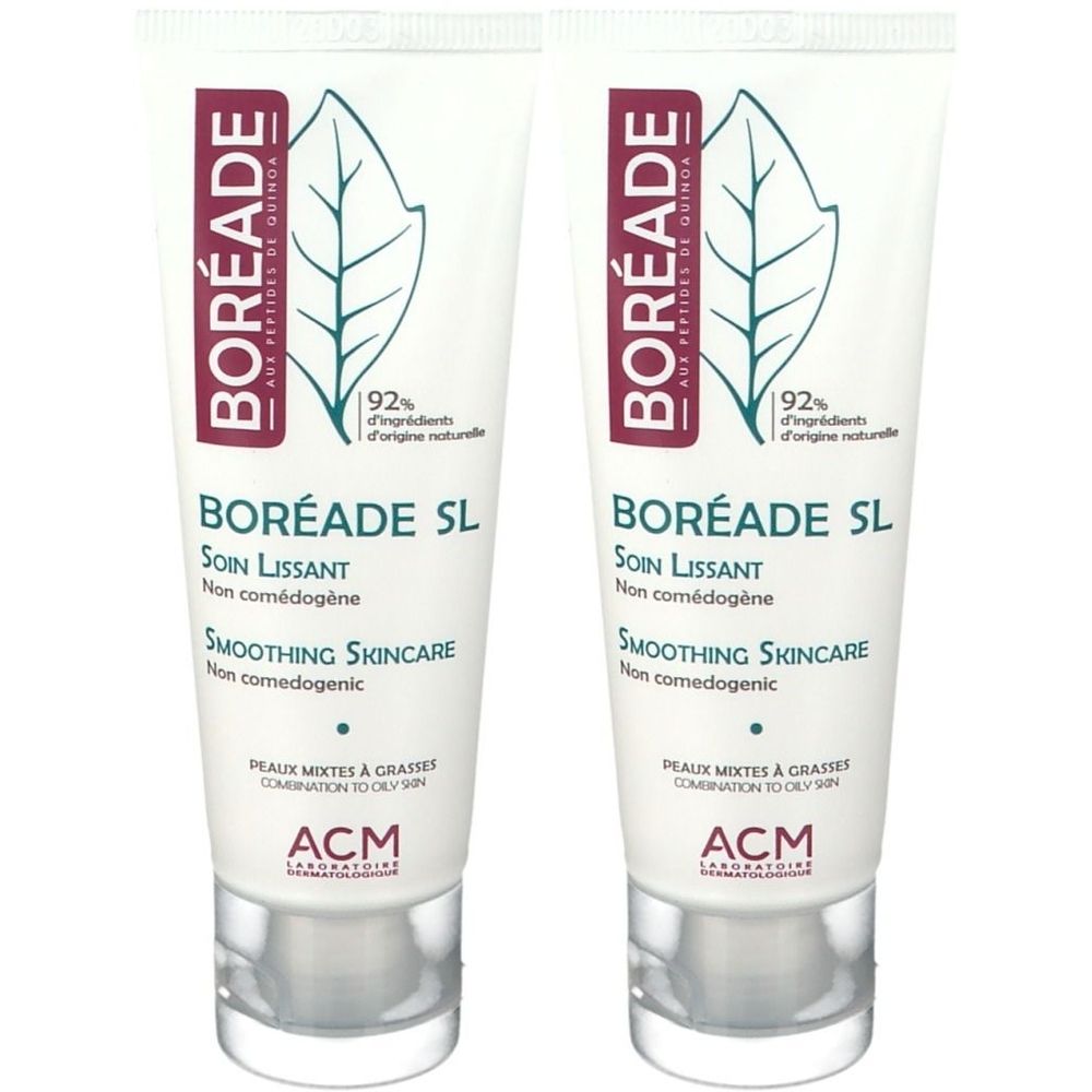 Deux tubes de BORÉADE SL. Tubes blancs avec texte rouge et vert. Inscription : Soin Lissant, Smoothing Skincare, ACM.