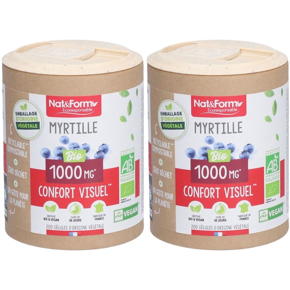 Zwei zylindrische Behälter mit Deckel. Aufschrift: Nat&Form Myrtille Bio 1000 mg, Confort Visuel. Vegan, AB-Zertifizierung. Verpackung aus Pflanzenmaterial.