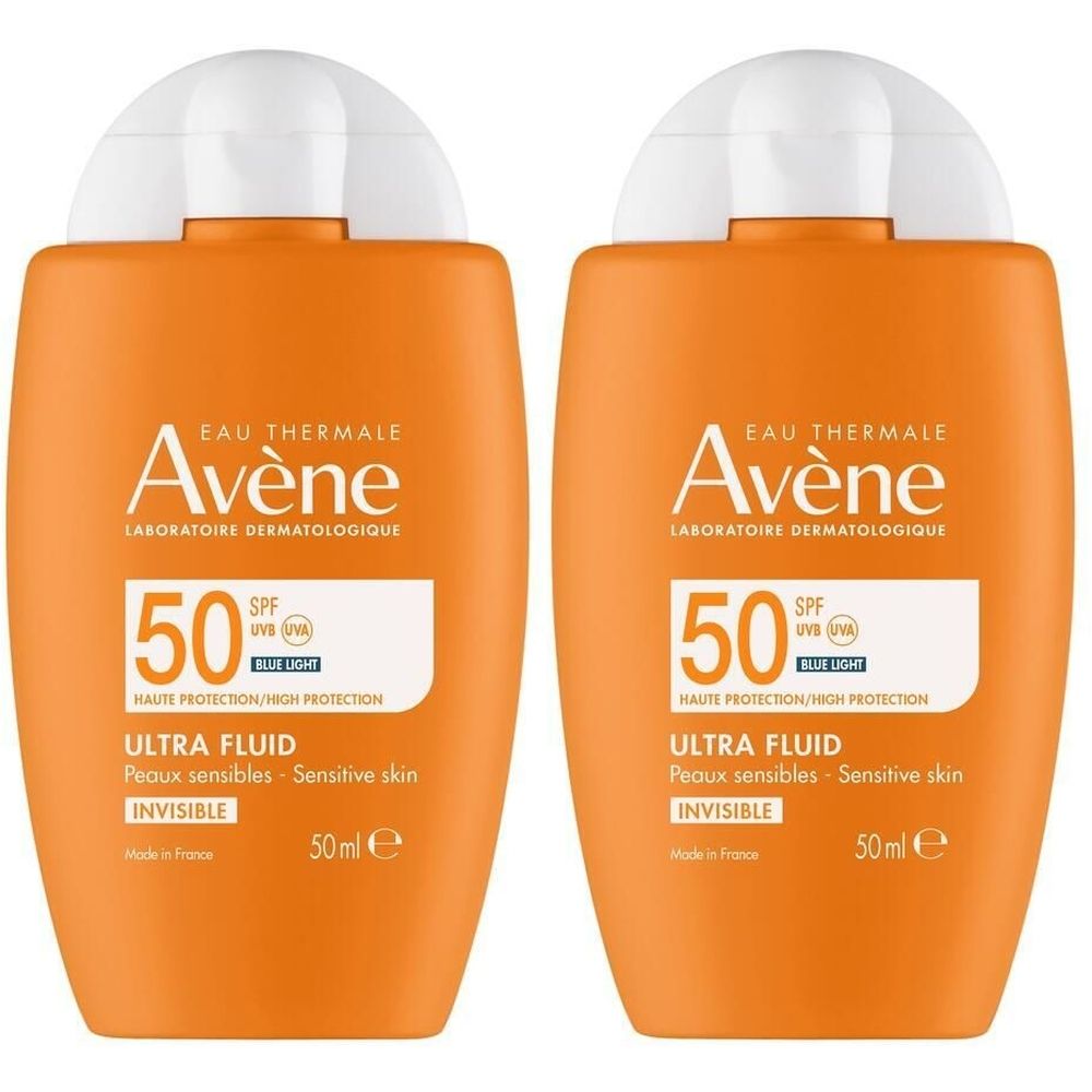 Zwei orangefarbene Flaschen mit weißem Deckel. Aufschrift: Avène, Ultra Fluid, SPF 50. Für empfindliche Haut. 50 ml.