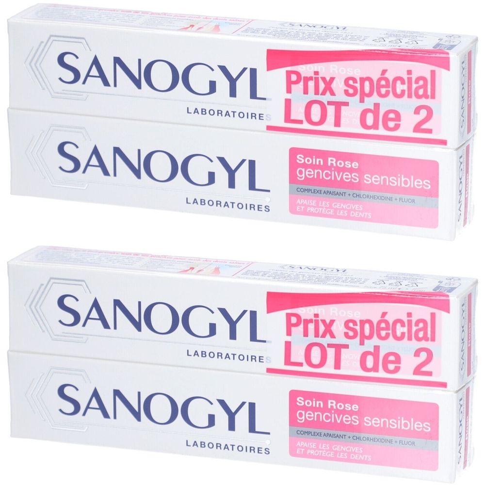 Zahnpasta-Packung, weiß mit rosa Akzenten. Aufschrift: SANOGYL, LOT de 2, Soin Rose gencives sensibles.
