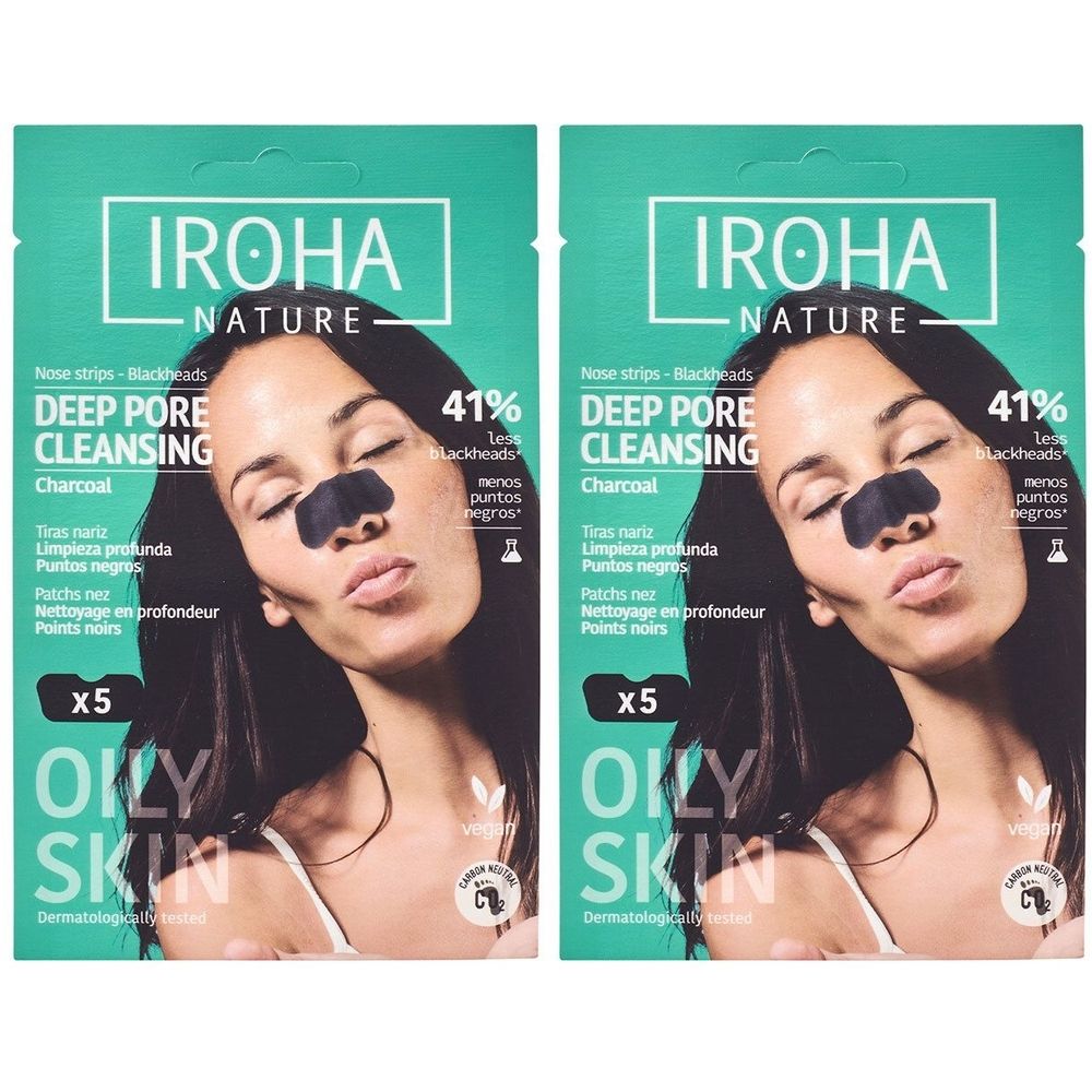 Zwei Packungen mit Nasenreinigungsstreifen. Auf jeder Packung ist eine Frau mit einem schwarzen Streifen auf der Nase abgebildet.