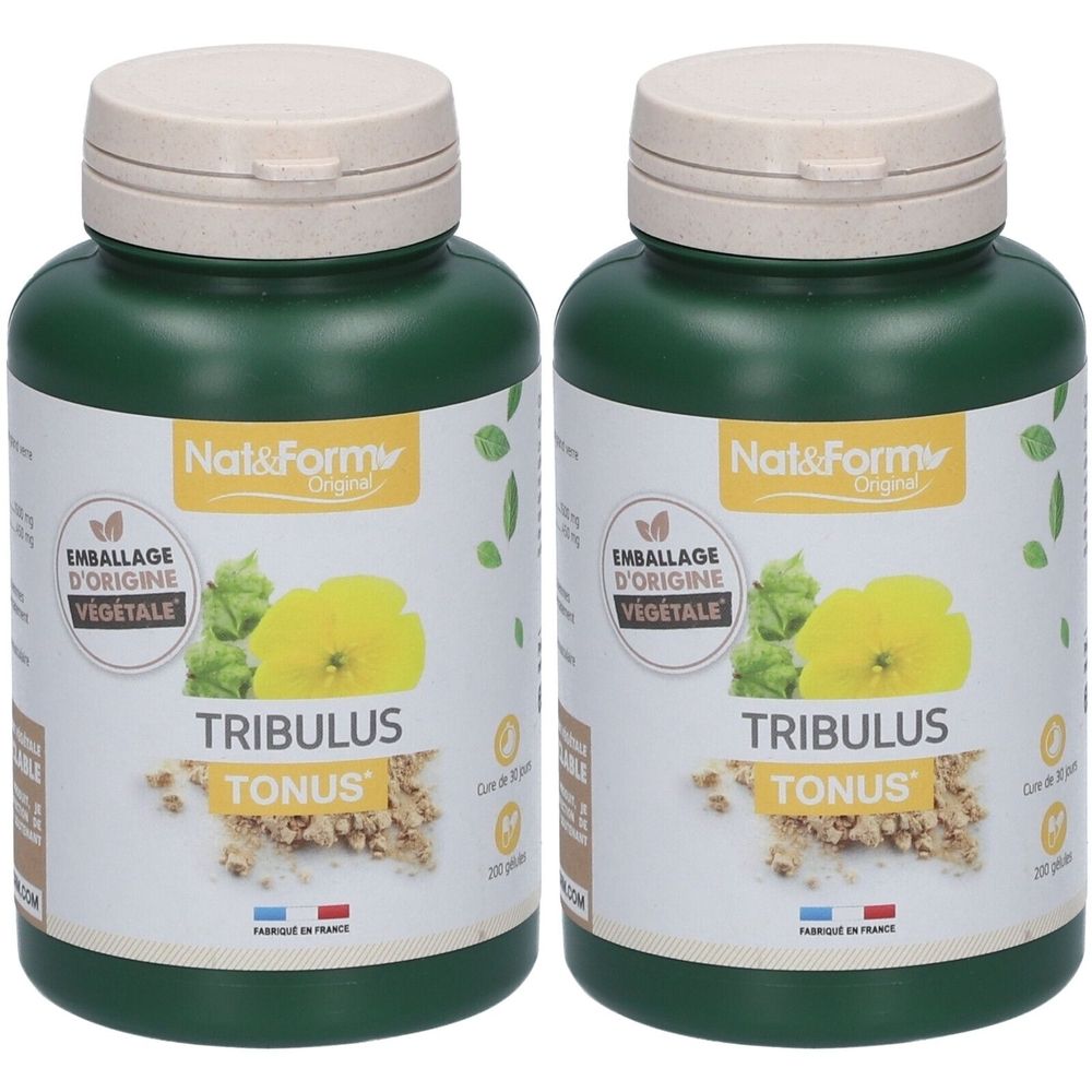 Zwei grüne Flaschen mit beigem Deckel. Auf den Etiketten steht "Nat&Form", "TRIBULUS TONUS" und "EMBALLAGE D'ORIGINE VEGETALE".