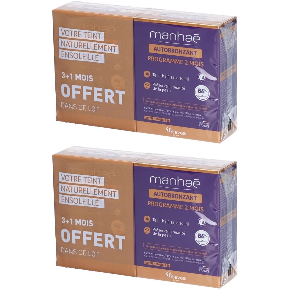 Zwei Packungen Manhaé Selbstbräuner. Aufschrift: 3+1 gratis. Lila und goldfarbene Verpackung. Enthält Informationen zur Hautpflege.