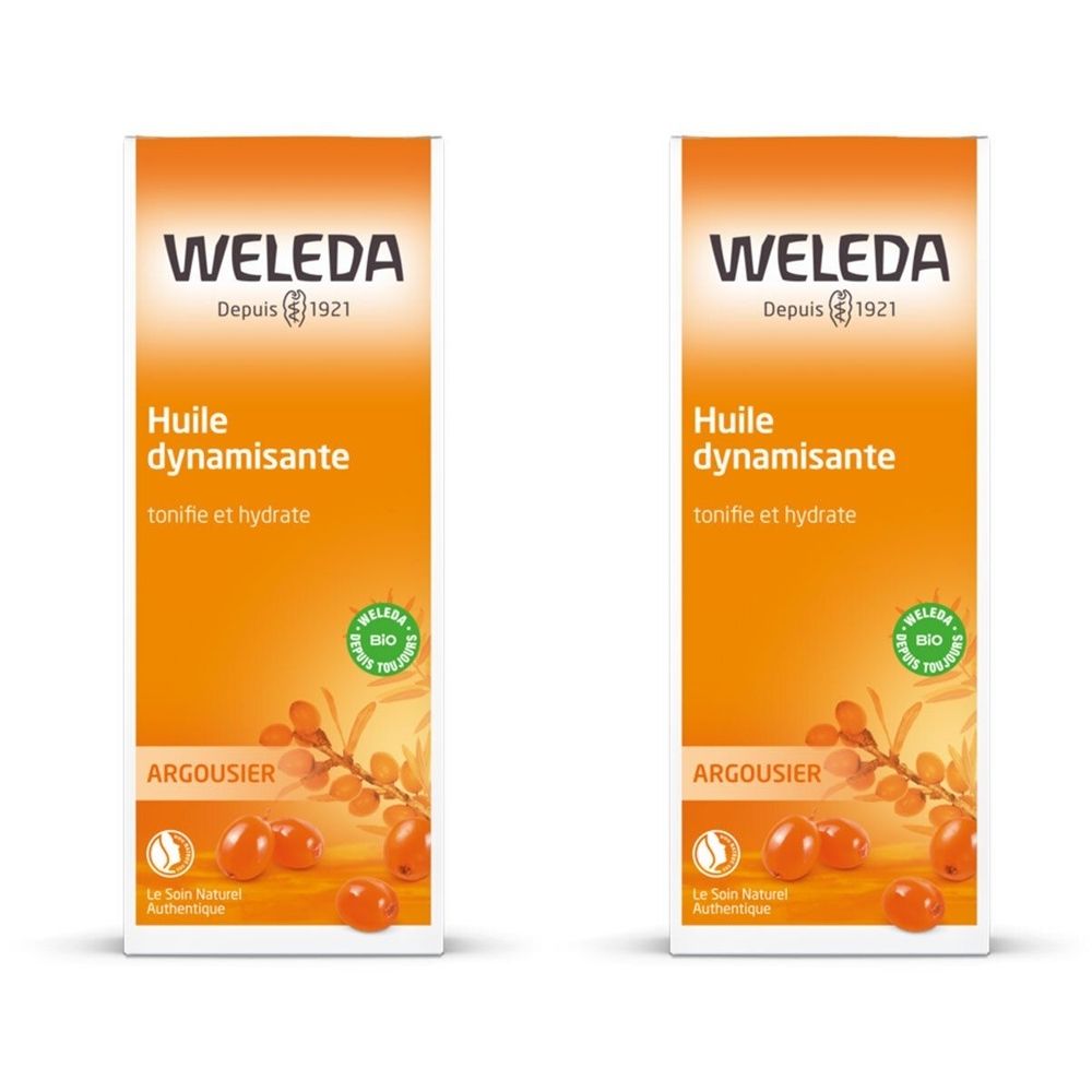 Deux emballages identiques. Sur fond orange, WELEDA, Huile dynamisante, Argousier. Label bio.