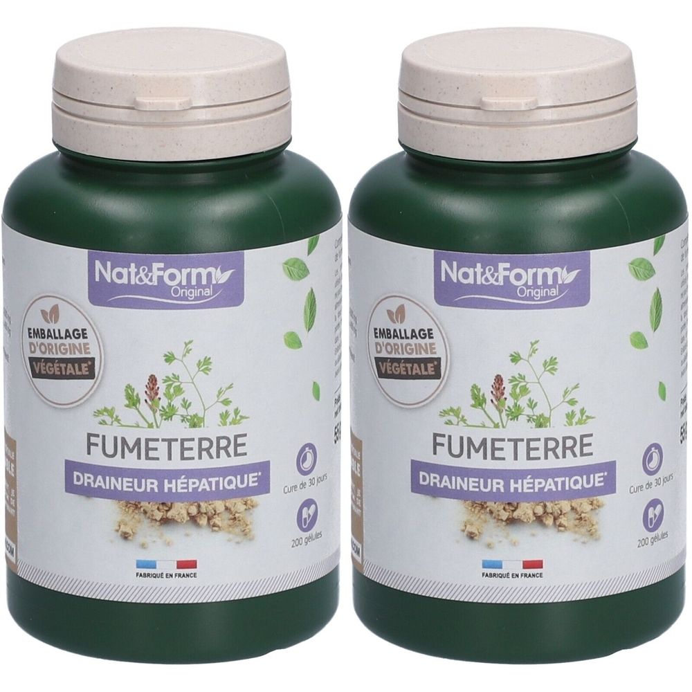 Zwei grüne Flaschen mit weißem Deckel. Aufschrift: Nat&Form, FUMETERRE, DRAINEUR HÉPATIQUE. Verpackung aus pflanzlichem Ursprung.