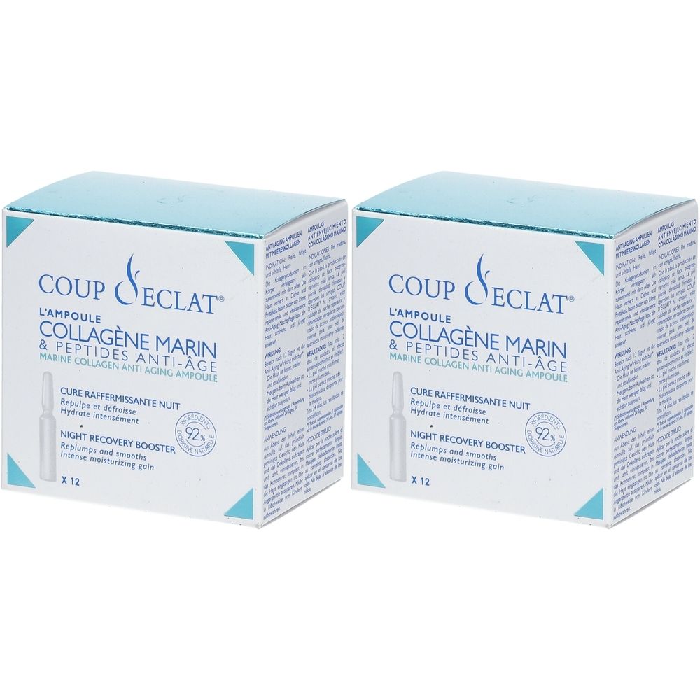 Zwei quadratische Kartons mit Produktaufdruck. Aufschrift: Coup d'Éclat, L'Ampoule, Collagène Marin & Peptides Anti-Age. Blaue und weiße Verpackung.