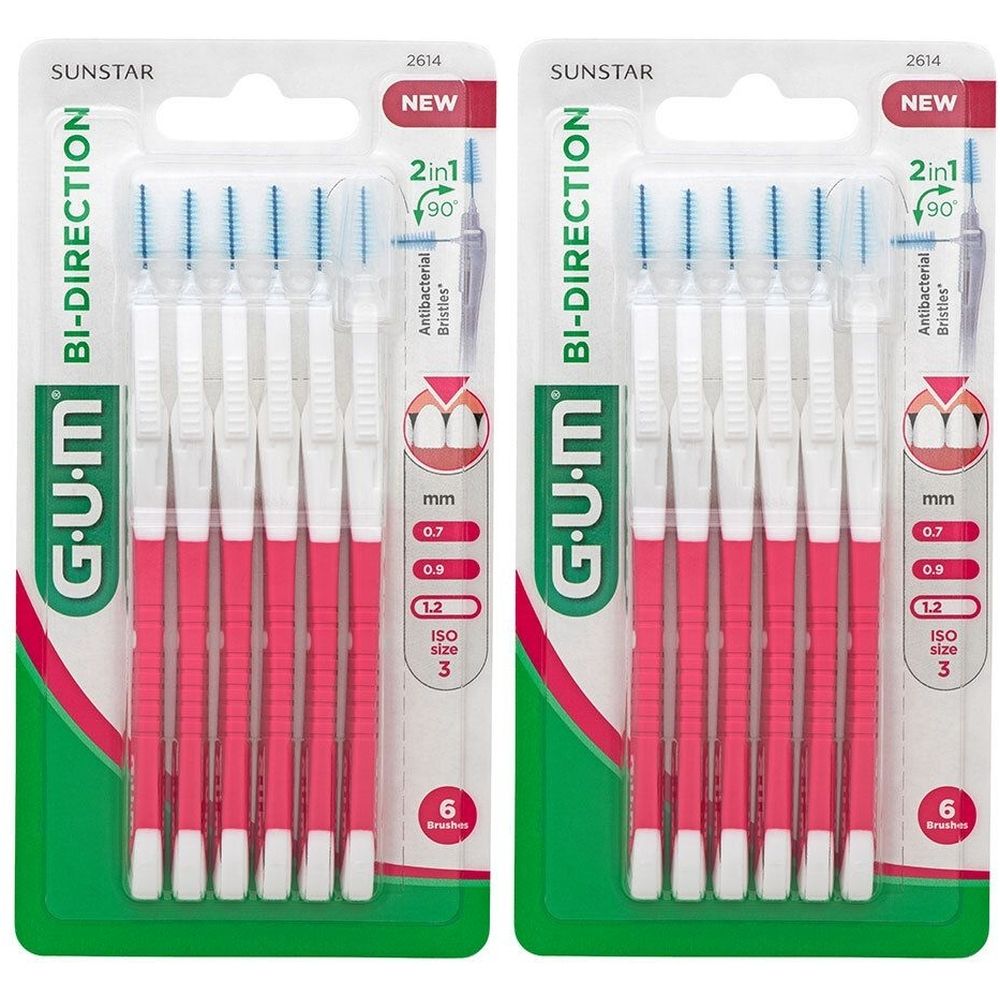 Deux paquets de brossettes interdentaires GUM Bi-Direction. Chaque paquet contient 6 brossettes avec manches roses et brins bleus. Taille 1,2 mm.