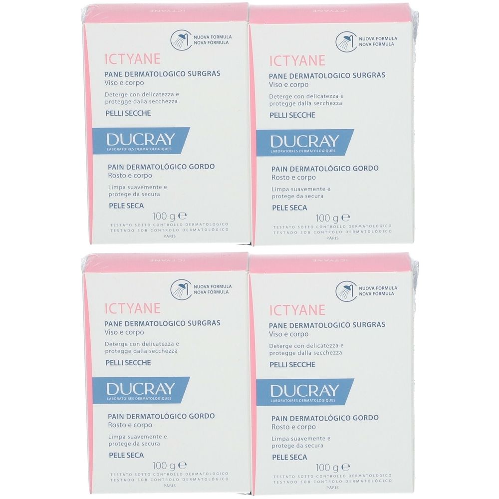 Quatre emballages de DUCRAY ICTYANE Pain Dermatologique Surgras. Emballage rose et blanc avec informations et logo.