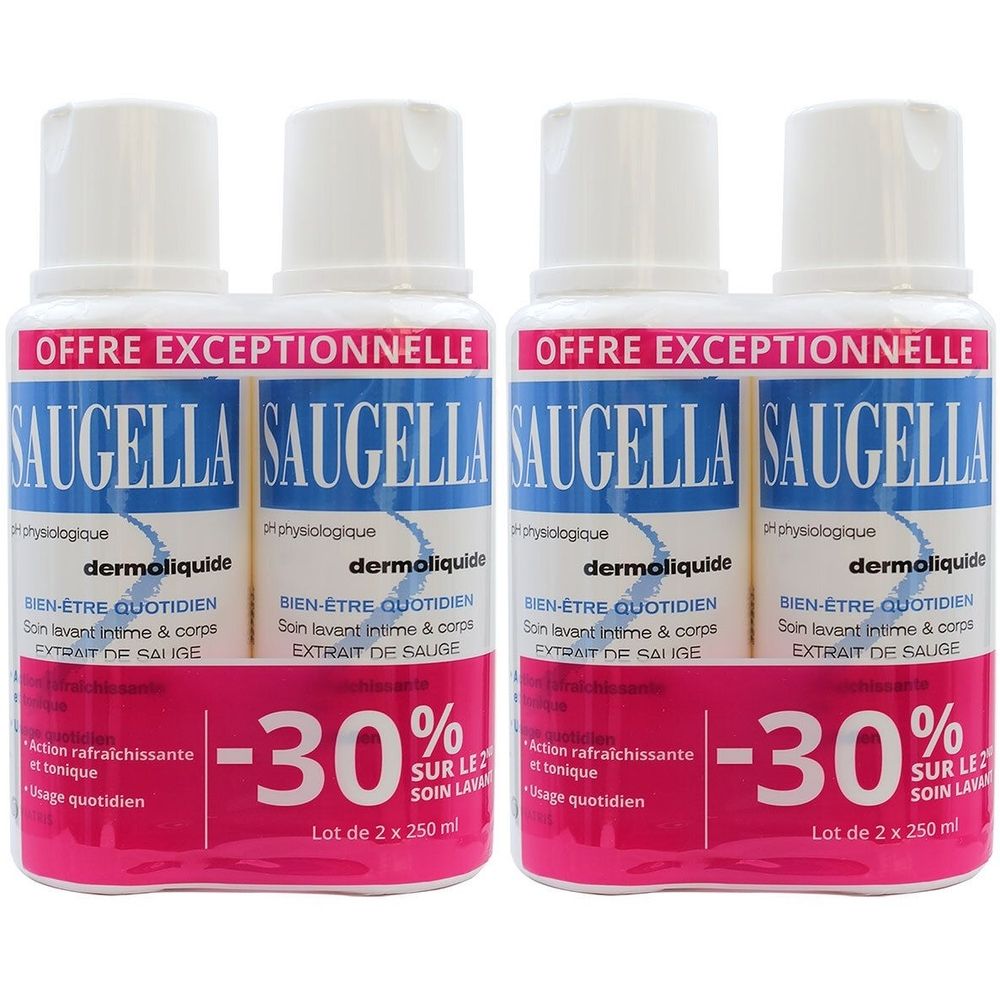 Deux flacons de soin intime SAUGELLA. Flacons blancs avec étiquettes bleues et roses. Texte: dermoliquide, -30%.