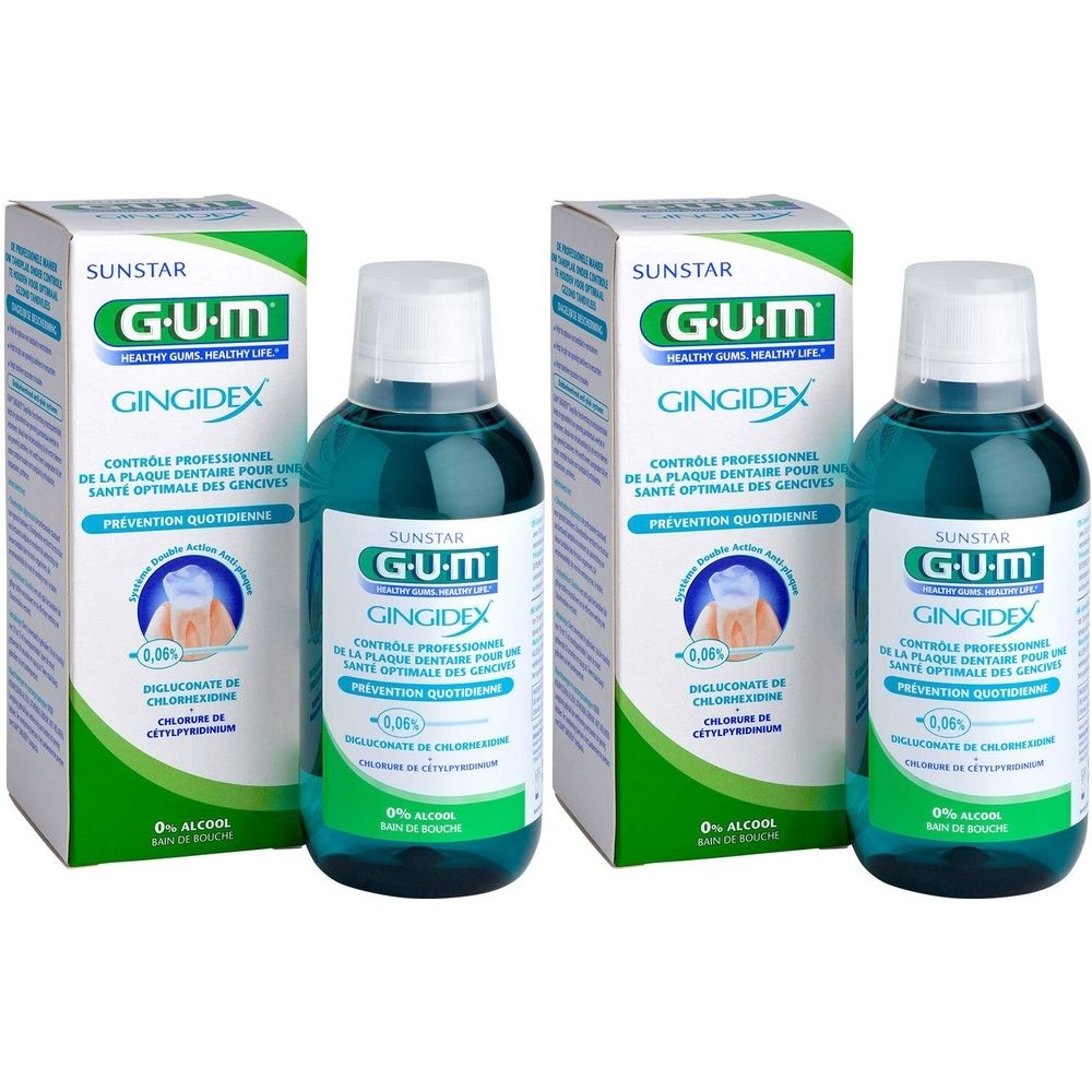 Deux flacons et emballages de bain de bouche GUM Gingidex. Inscription : GUM, Gingidex, 0,06%. Emballage vert et blanc.