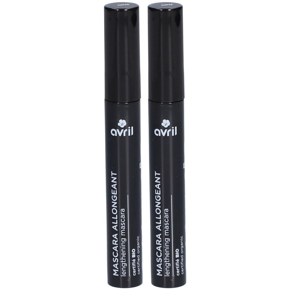 Zwei schwarze Mascara-Tuben. Aufschrift: Avril, MASCARA ALLONGEANT, lengthening mascara, certifié BIO, certified organic.