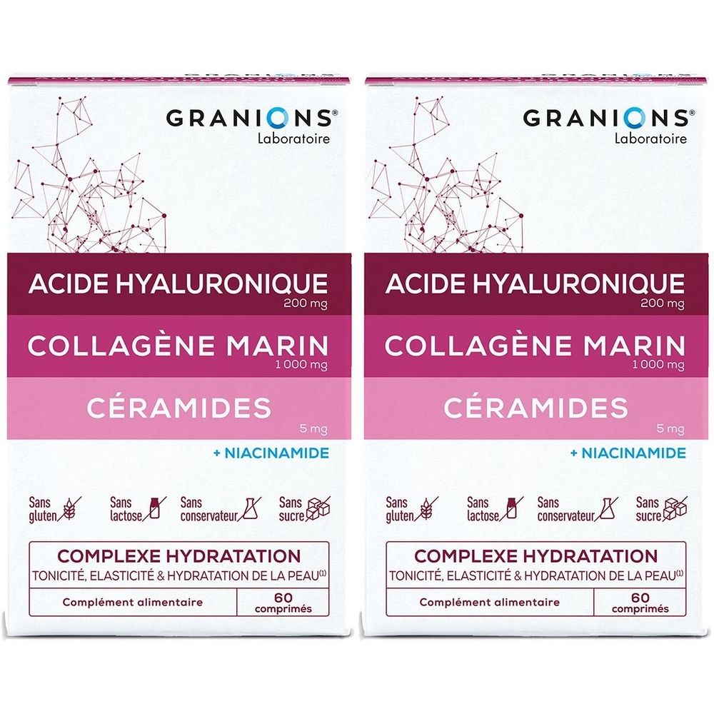 Zwei Schachteln mit Nahrungsergänzungsmitteln. Aufschrift: GRANIONS, Acide Hyaluronique, Collagène Marin, Céramides, Niacinamide. 60 Tabletten.