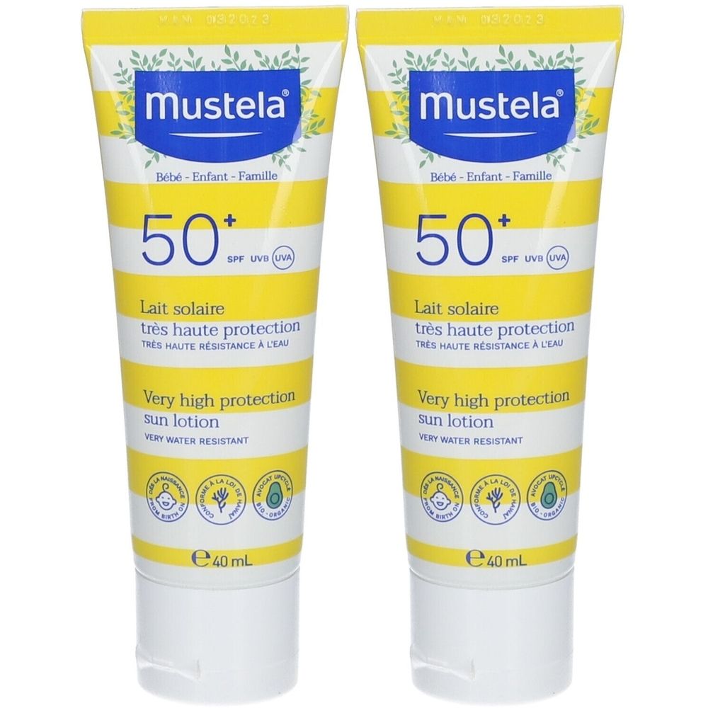 Zwei Tuben Sonnenlotion mit SPF 50+. Weiß-gelbes Design mit Produktnamen und Text. Enthält Logos und die Aufschrift "e 40 ml".