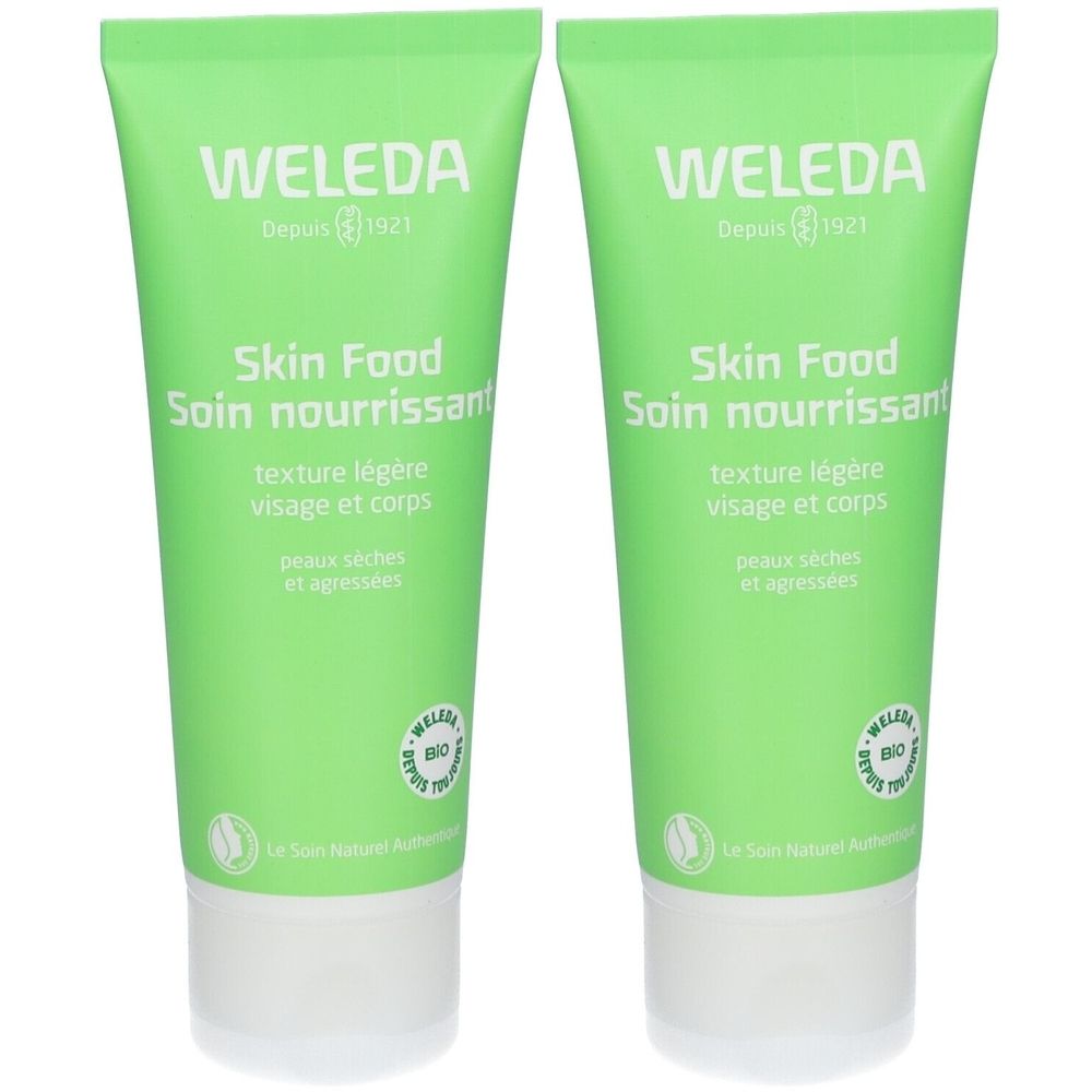 Deux tubes verts avec bouchon blanc. Inscription: WELEDA Skin Food Soin nourrissant, texture légère, visage et corps. Label bio.