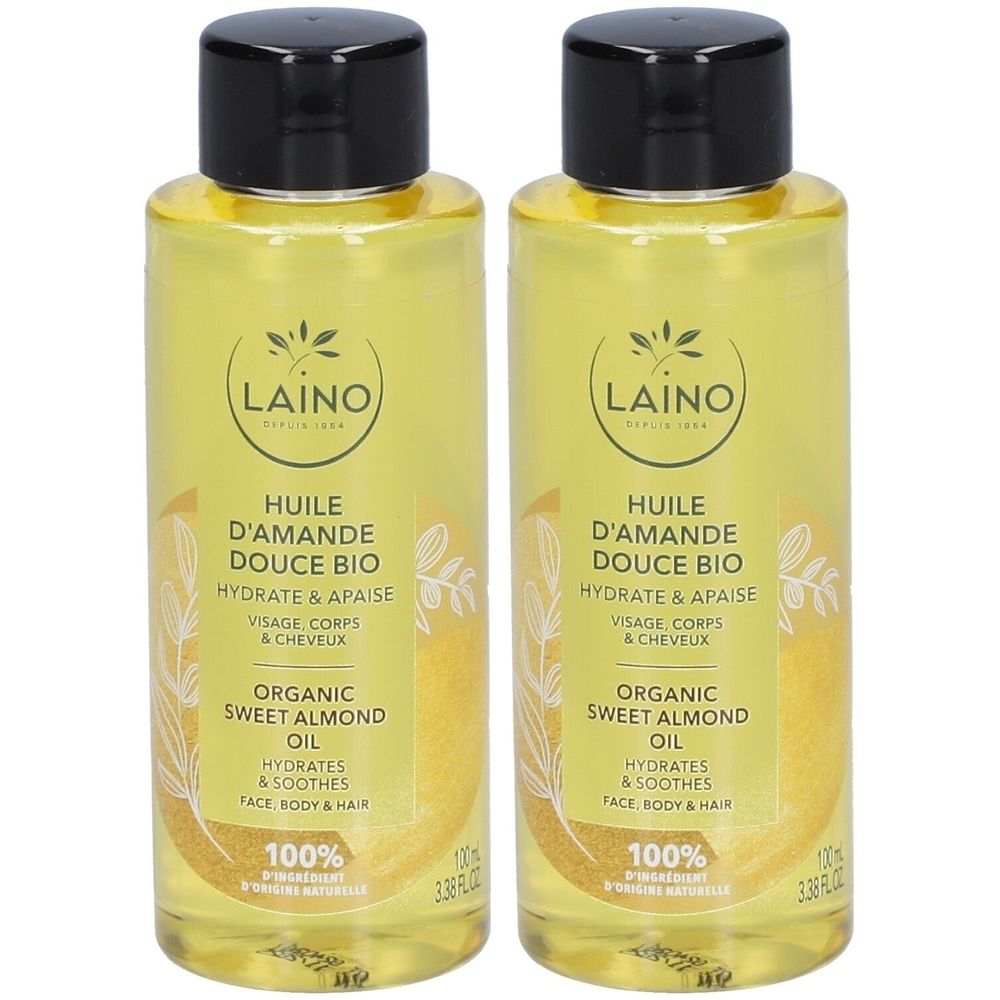 Zwei Flaschen LAINO Huile d’amande douce bio. Klare Flüssigkeit in zylindrischen Flaschen mit schwarzem Deckel. Etikett mit Produktinformationen.