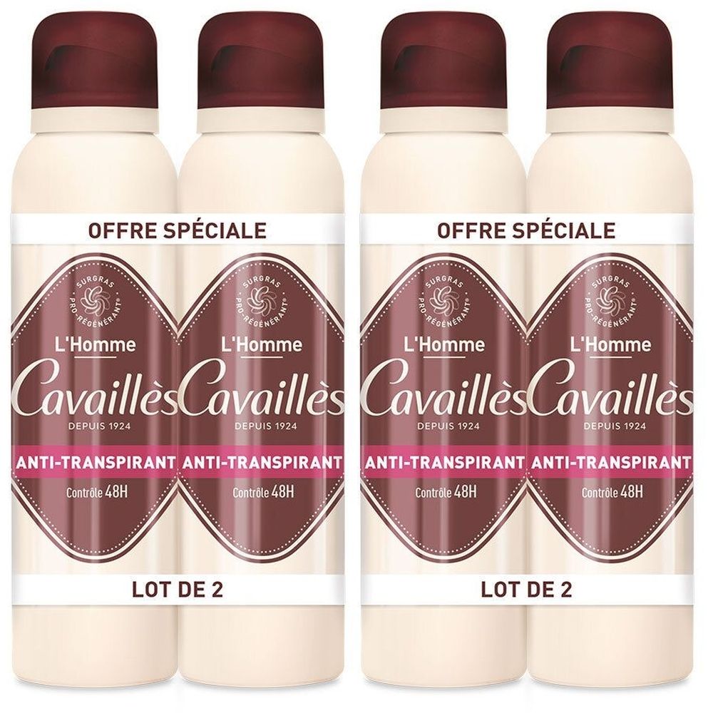 Vier Sprays. Cremefarbene Flaschen mit braunen Deckeln. Aufschrift: L'Homme Cavaillès, Anti-Transpirant, Lot de 2, Offre Spéciale.