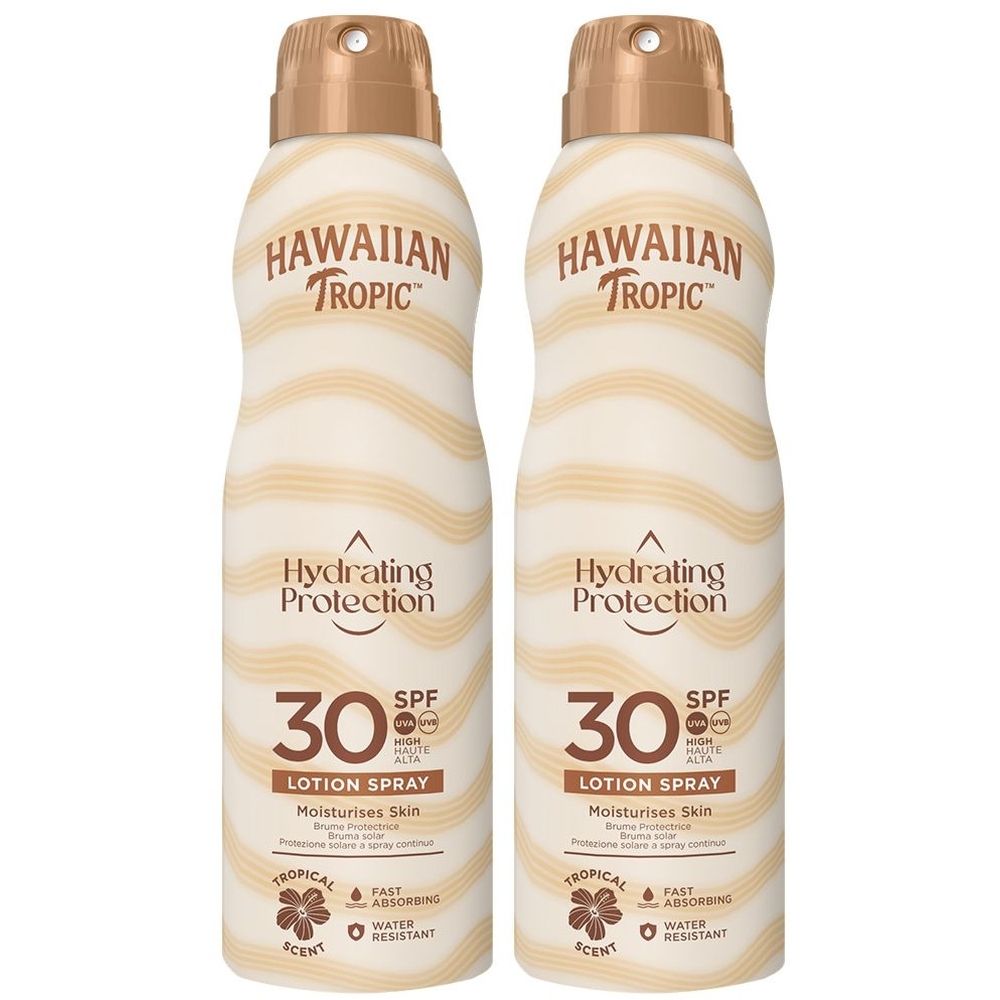 Zwei Sprühflaschen mit Sonnencreme. Aufschrift: HAWAIIAN TROPIC, Hydrating Protection, SPF 30. Beige und braune Wellenmuster.