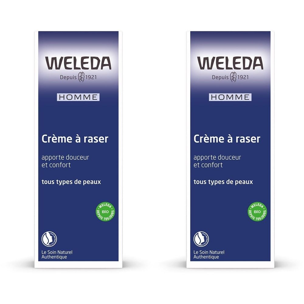 Deux tubes de crème à raser. Inscription: WELEDA, HOMME, Crème à raser, apporte douceur et confort, tous types de peaux. Avec label bio et logo.