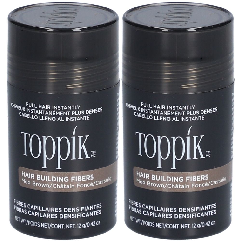 Zwei zylindrische Behälter mit dem Aufdruck "Toppik". Text: "Hair Building Fibers", Farbe: Mittelbraun/Dunkelbraun. Schwarze Deckel.