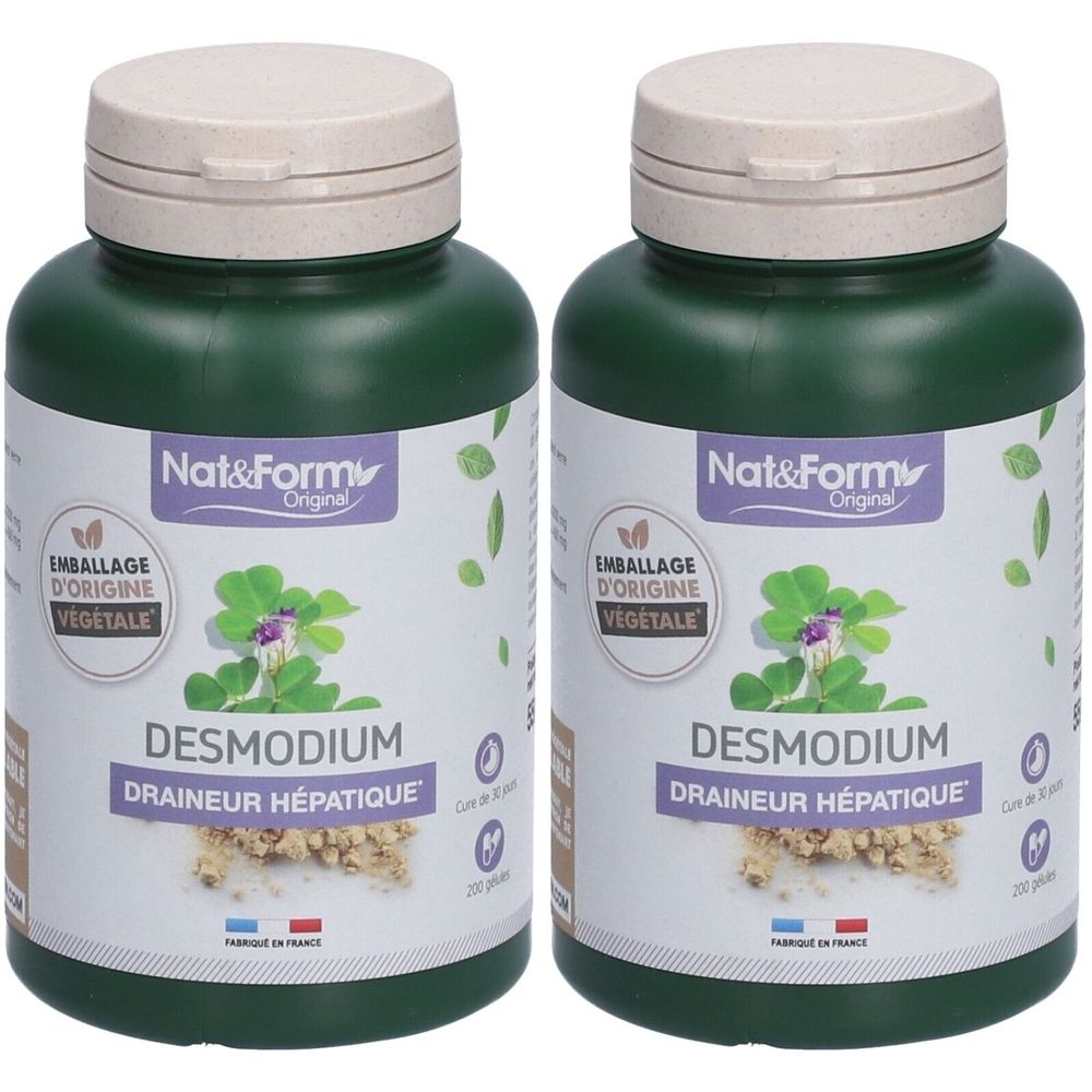 Zwei grüne Flaschen mit weißem Deckel. Auf den Etiketten steht "Nat&Form", "DESMODIUM" und "DRAINEUR HÉPATIQUE".