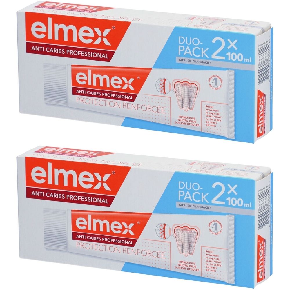 Deux boîtes de dentifrice Elmex Anti-Caries Professional. Duo-Pack avec 2 tubes. Inscription: Protection Renforcée.