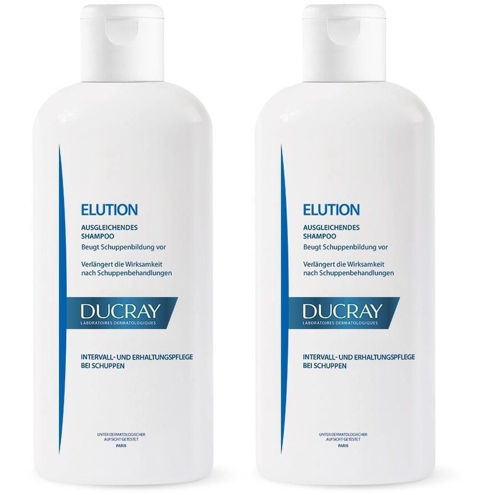 Zwei weiße Flaschen DUCRAY Elution Shampoo. Blaue Schrift: ELUTION, AUSGLEICHENDES SHAMPOO, INTERVALL- UND ERHALTUNGSPFLEGE BEI SCHUPPEN.