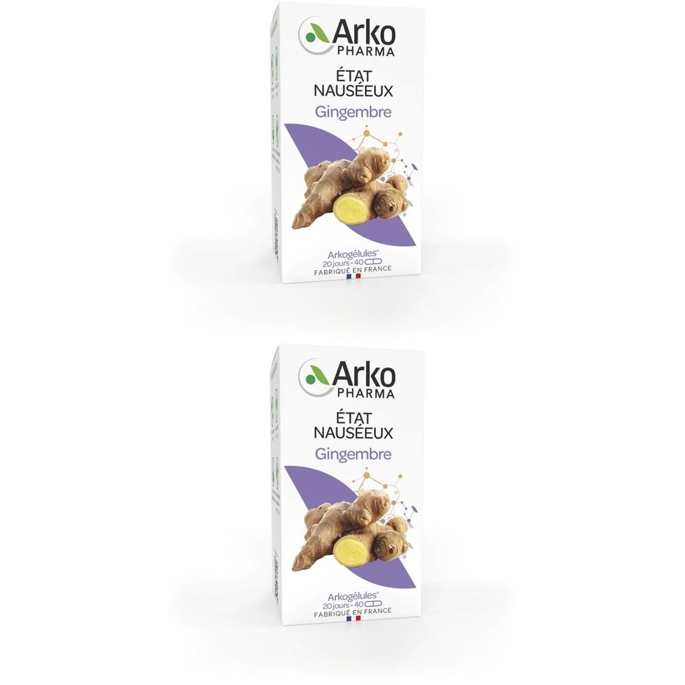 Zwei Schachteln mit Arkopharma-Produkt. Aufdruck: État Nauséeux Gingembre. Abbildung von Ingwerwurzeln.