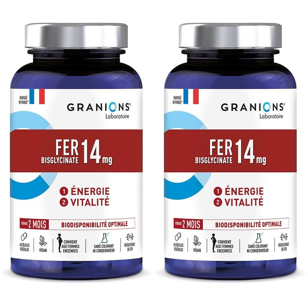 Zwei Flaschen Granions Fer 14 mg. Blaue Flaschen mit silbernen Deckeln. Rotes Etikett mit weißer Schrift. Enthält Informationen zu Energie und Vitalität.