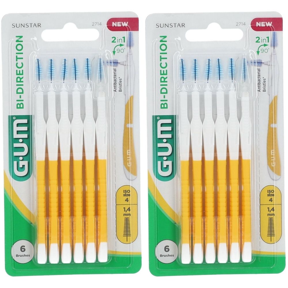 Zwei Blisterpackungen mit GUM Bi-Direction Interdentalbürsten. Gelbe Griffe, weiße Spitzen, blaue Borsten. 6 Bürsten pro Packung.