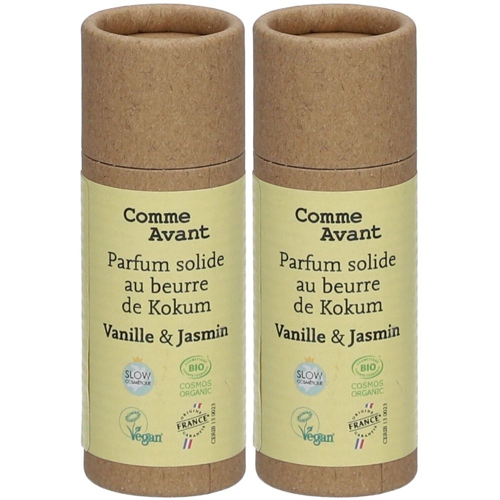 Zwei zylindrische Behälter mit Aufschrift Comme Avant, Parfum solide, Vanille & Jasmin. Bio-Zertifizierung und Vegan-Siegel.