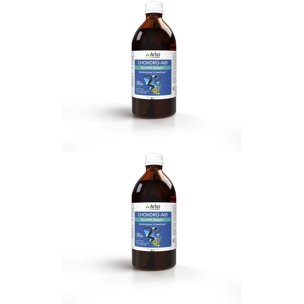 Deux flacons de liquide brun avec bouchon blanc. Étiquette avec nom du produit et logo.