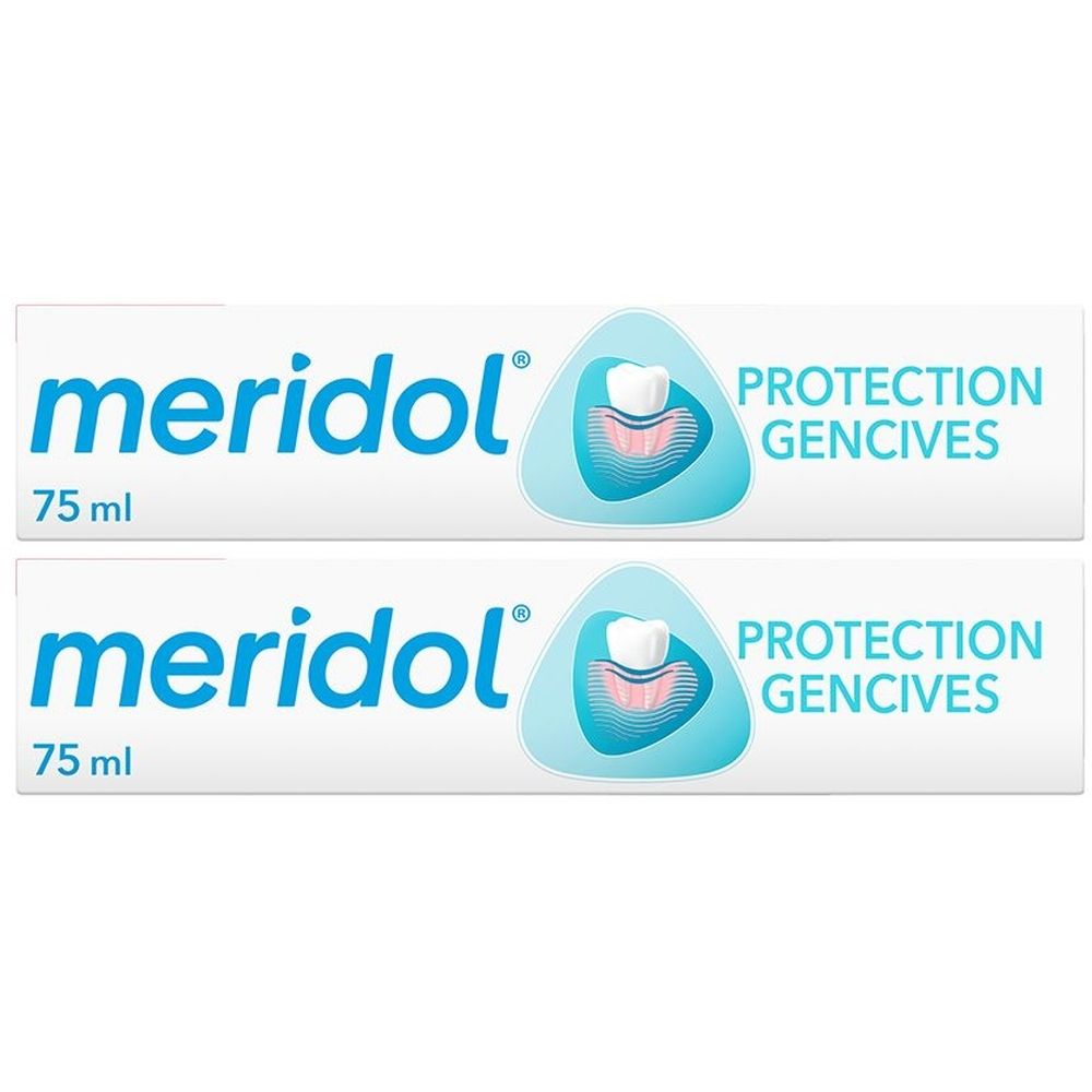 Zwei Tuben Zahnpasta. Aufschrift: meridol, 75 ml, Protection Gencives. Logo: Zahn und Zahnfleisch in blauem Dreieck.